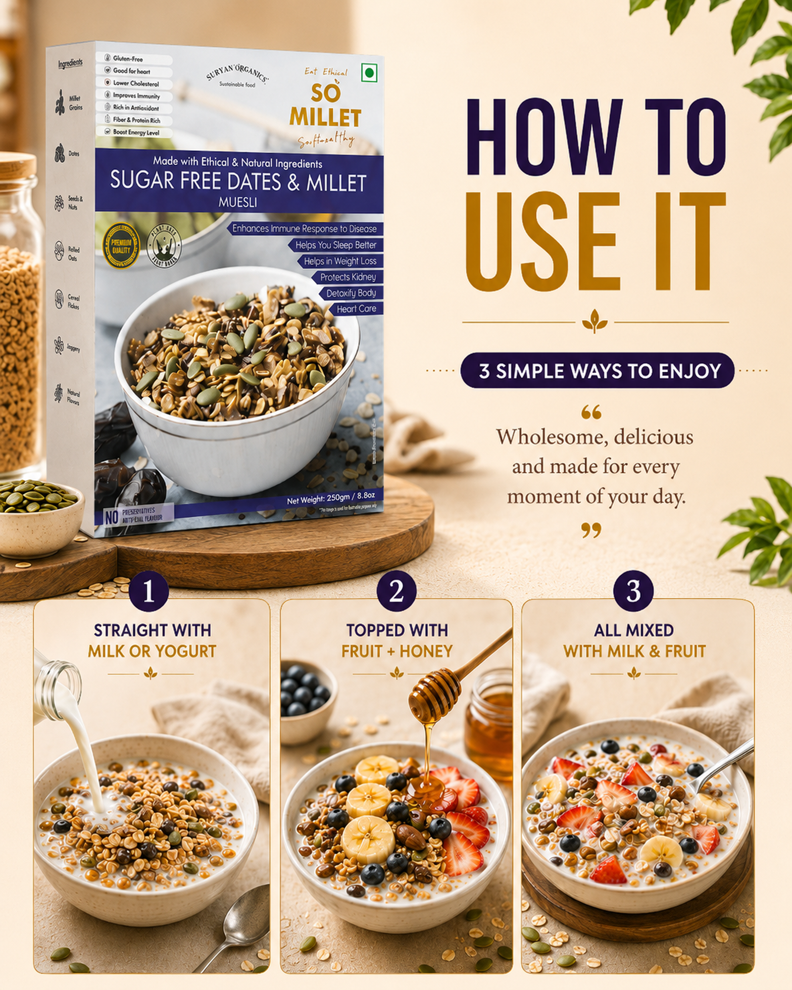 SUGAR FREE DATES & MILLET (6) Sugar Free Dates & Millet Muesli 250g – product image 6 of 9