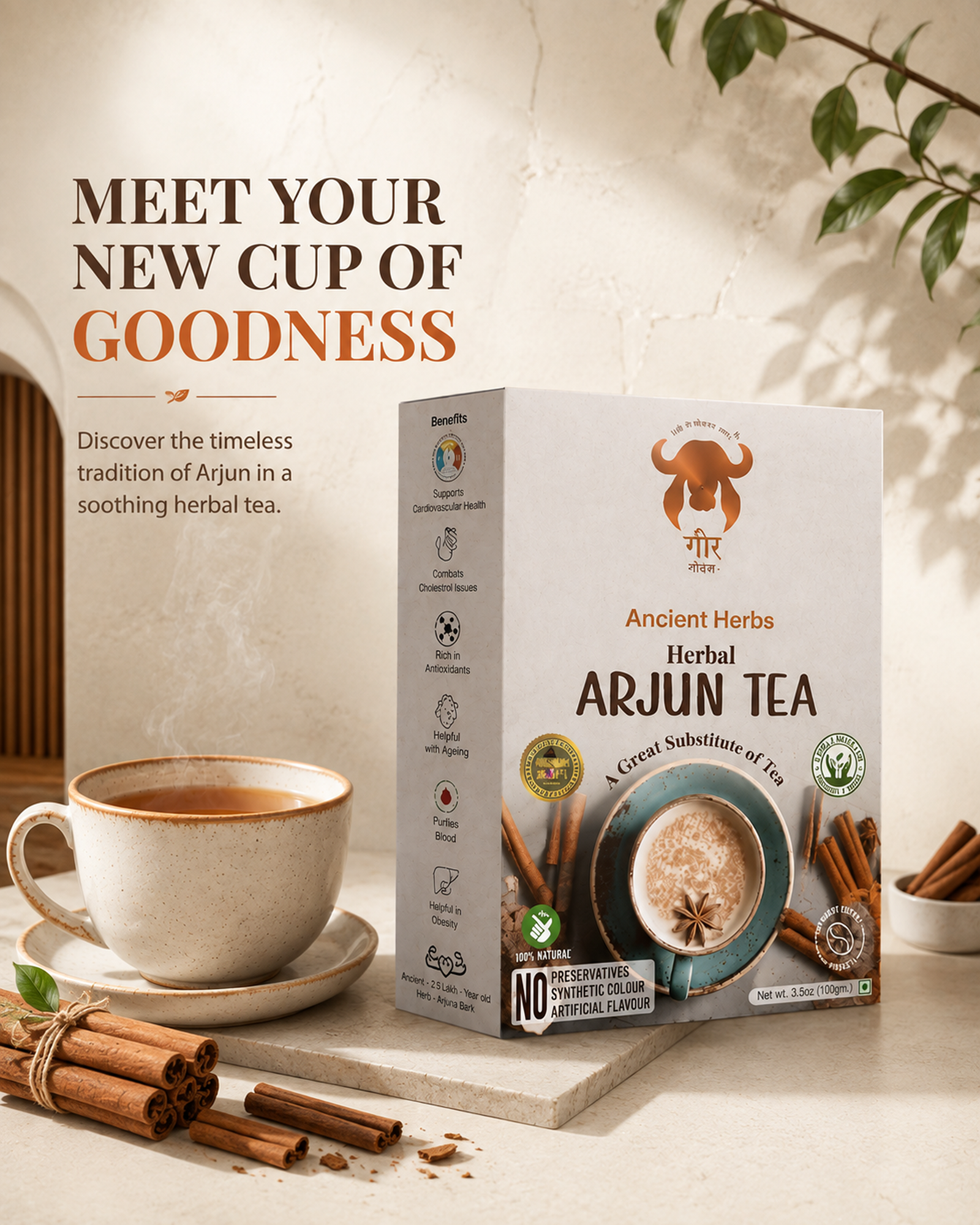 Gaur Ancient Herbs Herbal Arjun Tea 100g pack and prepared cup