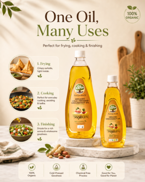 Go Earth groundnut oil shown for frying, cooking and finishing