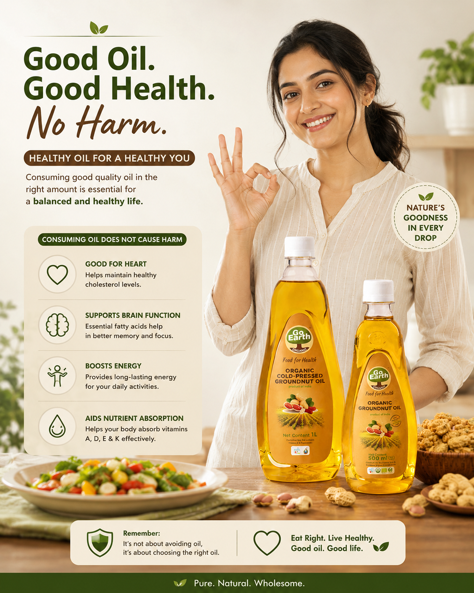 go-earth-groundnut-oil-health-claims Go Earth groundnut oil bottles in a kitchen setting