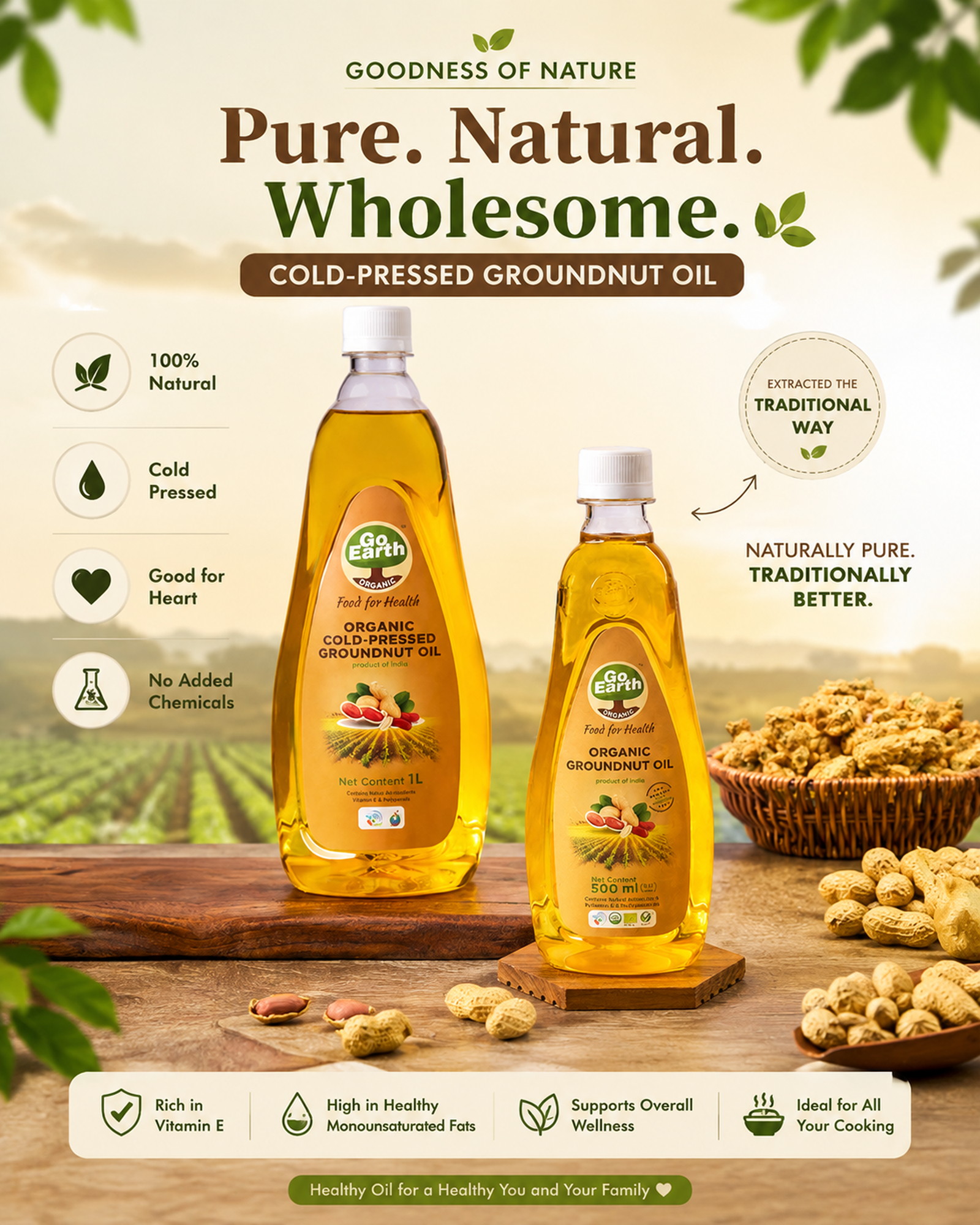 go-earth-groundnut-oil-product-benefits Go Earth cold-pressed groundnut oil bottles with peanuts