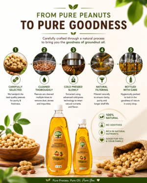 Illustrated production process for Go Earth cold-pressed groundnut oil