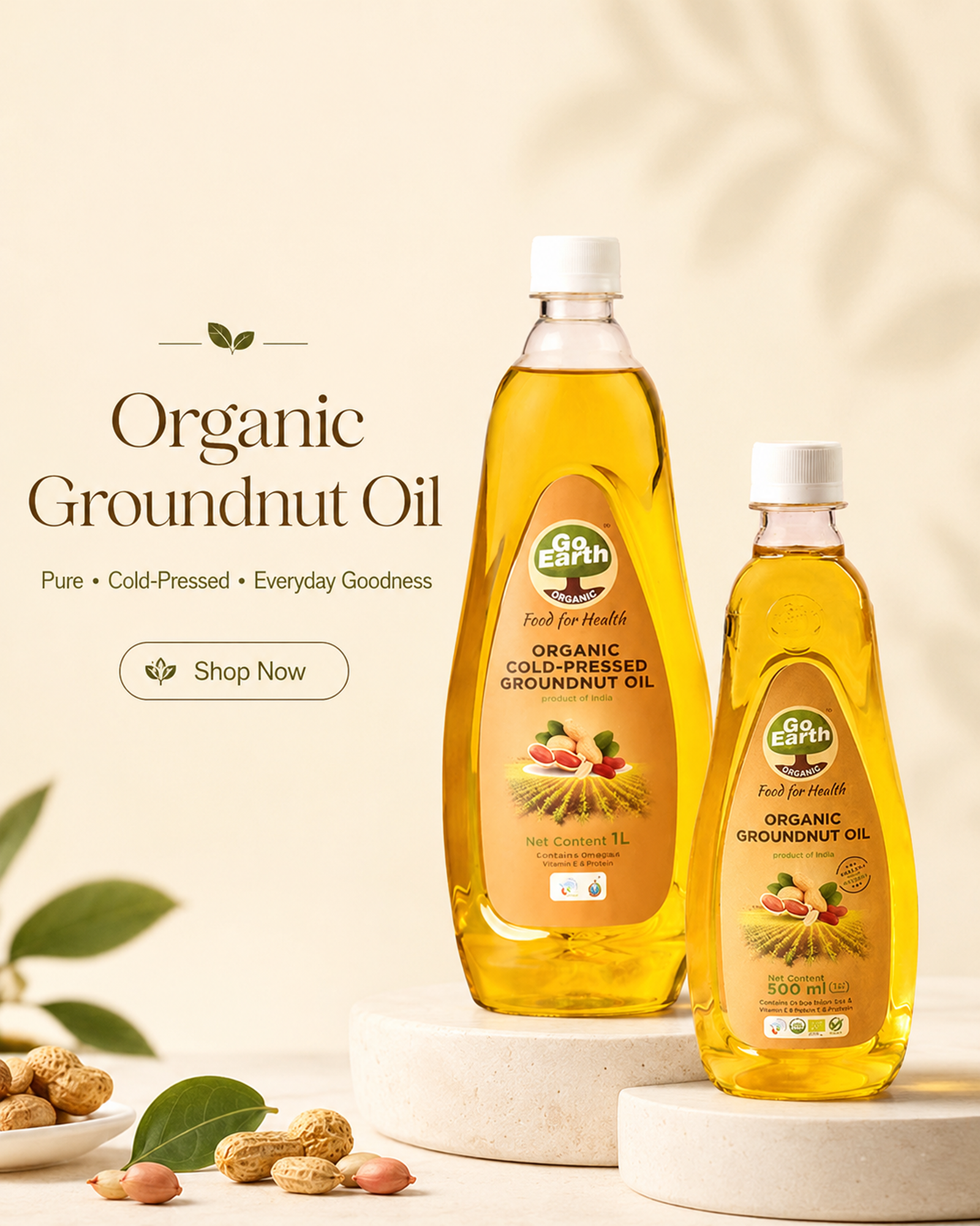 Go Earth Organic Cold-Pressed Groundnut Oil 500 ml and 1 L bottles
