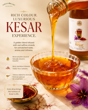 Golden So Good Kesar Syrup with visible saffron strands