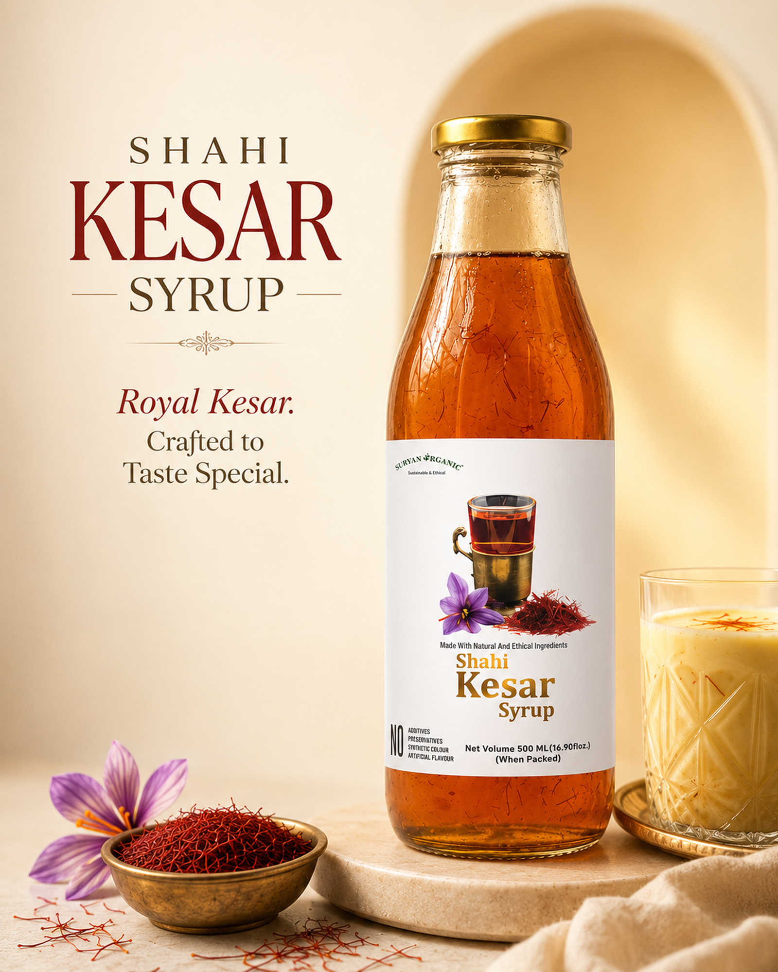 So Good Shahi Kesar Syrup 500ml bottle with saffron